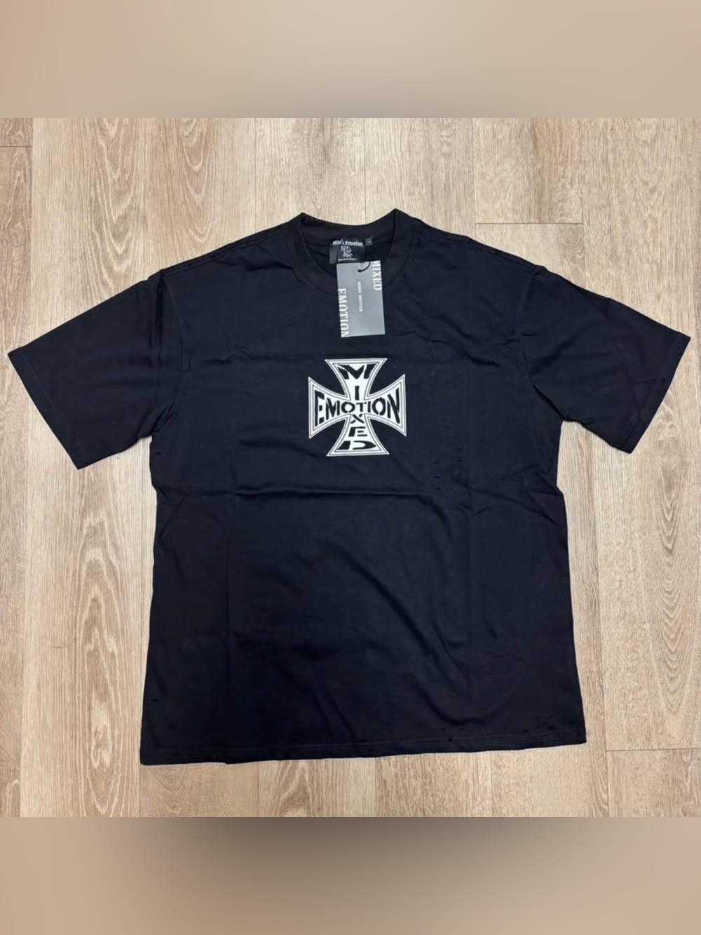Mixed Emotion Black Iron Cross Distressed Shirt Size L